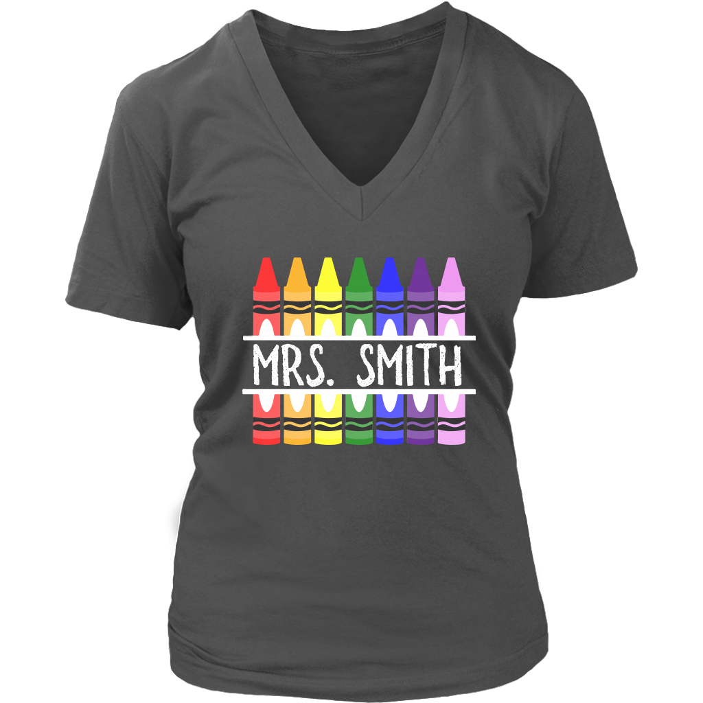 VnSupertramp Personalized Crayon Teacher Women V-Neck Shirt Custom Name Back To School Teacher Appreciation Gift
