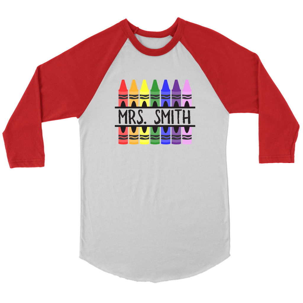 VnSupertramp Personalized Crayon Teacher Women Men Raglan T-Shirt Custom Name Back To School Appreciation Gift