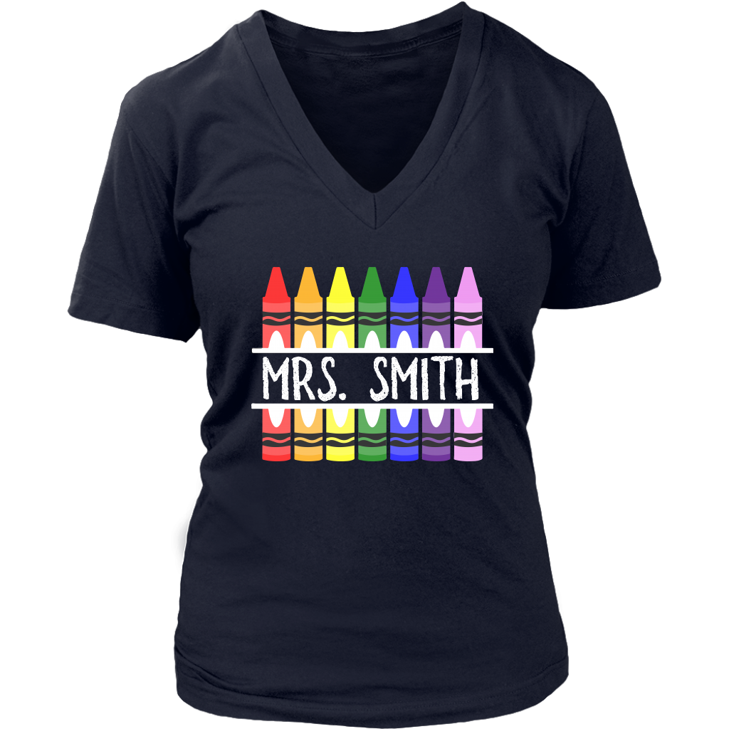 VnSupertramp Personalized Crayon Teacher Women V-Neck Shirt Custom Name Back To School Teacher Appreciation Gift