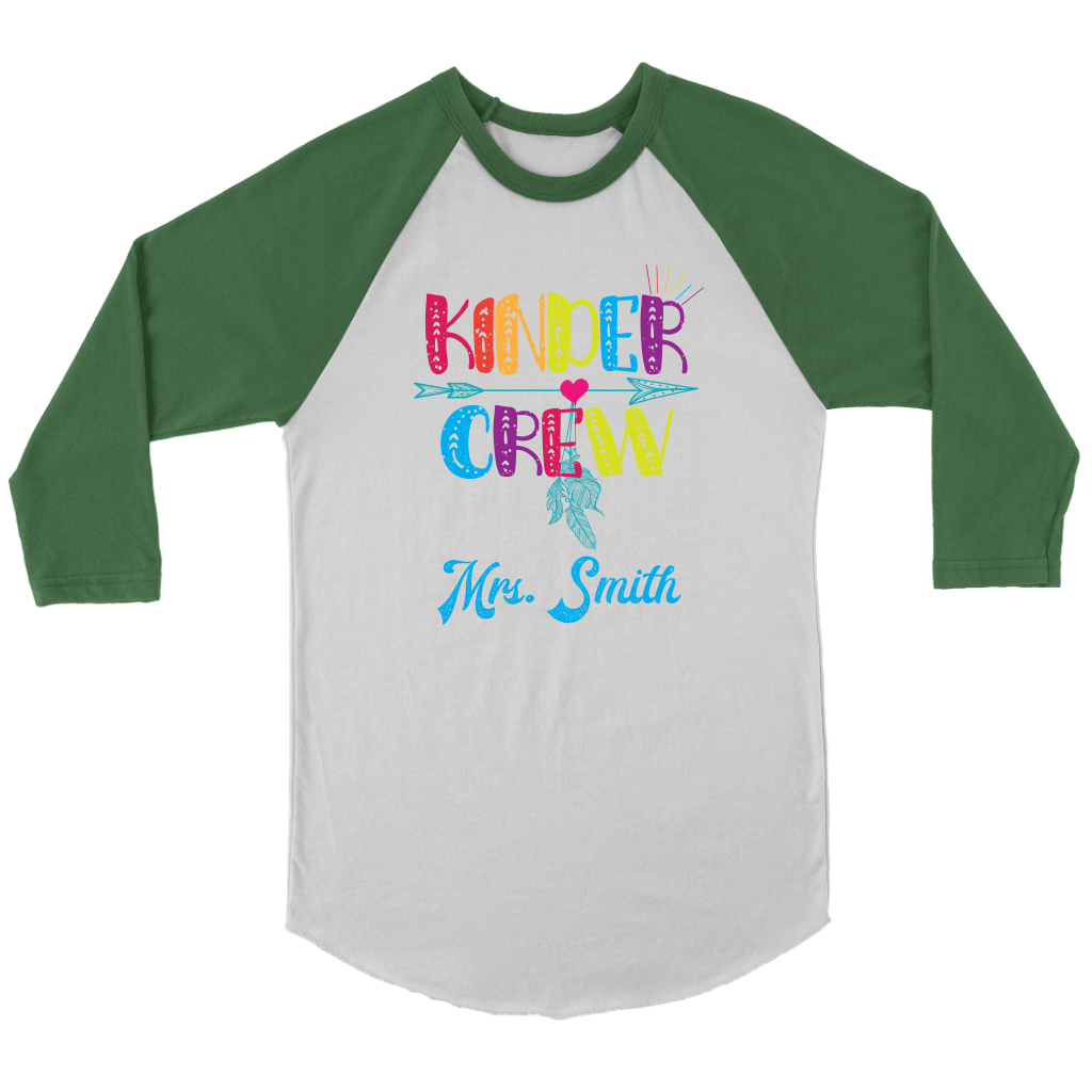 VnSupertramp Personalized Kinder Crew Kindergarten Women Men Teacher Raglan Shirt - Custom Name Back To School