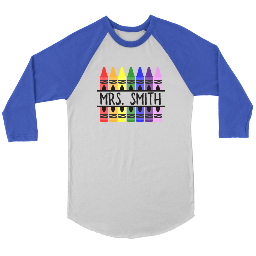 VnSupertramp Personalized Crayon Teacher Women Men Raglan T-Shirt Custom Name Back To School Appreciation Gift