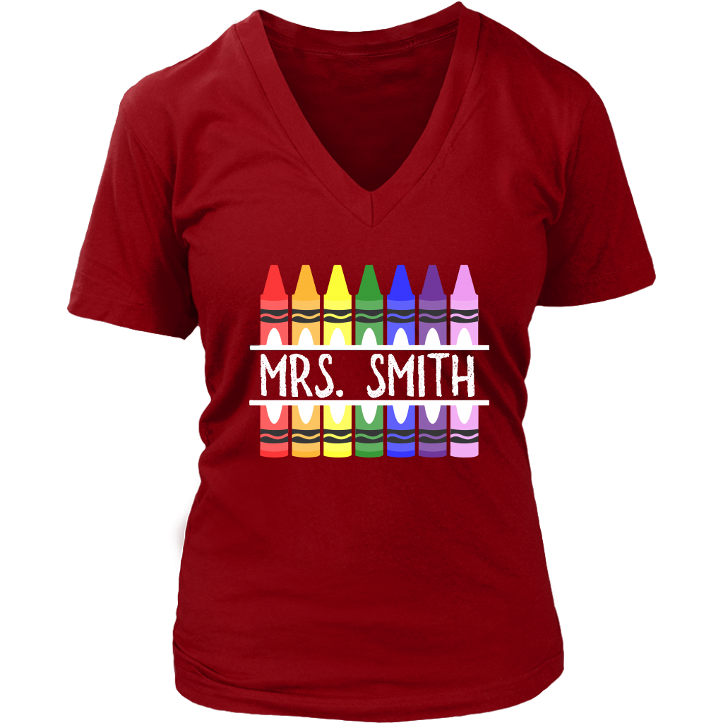 VnSupertramp Personalized Crayon Teacher Women V-Neck Shirt Custom Name Back To School Teacher Appreciation Gift