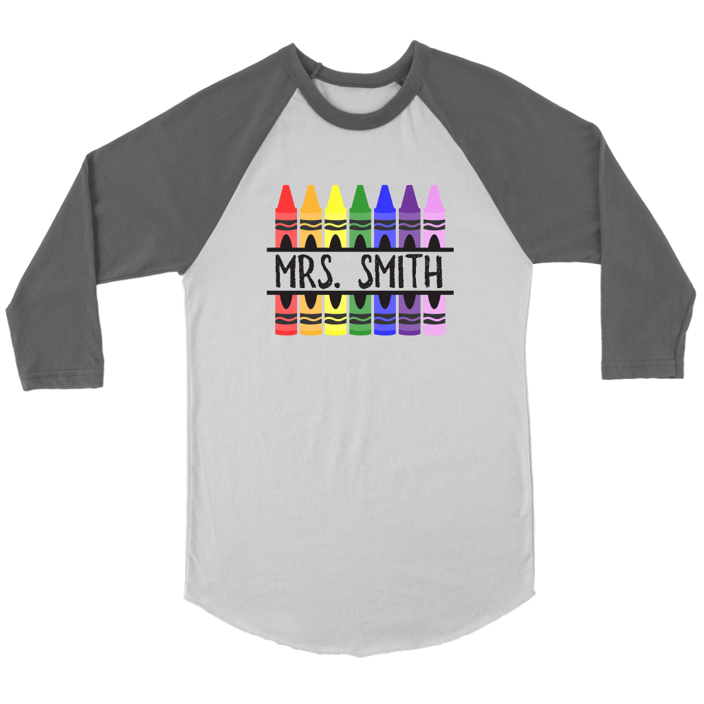 VnSupertramp Personalized Crayon Teacher Women Men Raglan T-Shirt Custom Name Back To School Appreciation Gift