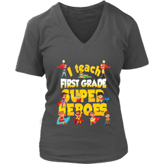 VnSupertramp I Teach First Grade Superheroes Teacher Women V-Neck T-Shirt Plus Size XL-4XL Back To School First Day of School Gift