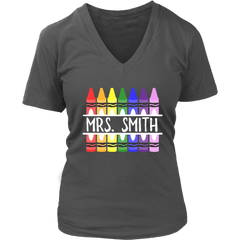 VnSupertramp Personalized Crayon Teacher Women V-Neck Shirt Custom Name Back To School Teacher Appreciation Gift