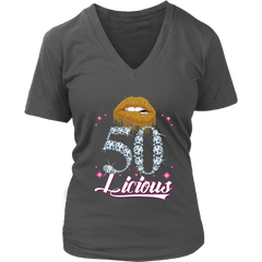 VnSupertramp Fifty Licious 50th Birthday Sexy Clips Women V-Neck Shirt Plus Size XL-4XL Mother's Day Mom Gift 1969 - D3