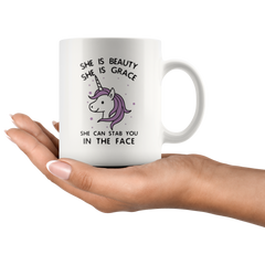 [Teelaunch] She is Beauty She is Grace, She Can Stab You in The Face - Funny Saying Unicorn Gift Coffee Mug (White, 11oz)