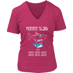 VnSupertramp Grandma Mommy Shark Doo Doo Doo Personalized V-Neck Shirt - Custom Name and Shark Graphic - Mother's Day Birthday Gift (M, Dark Fuchsia)- Lily-Mommy Shark-39135701835834