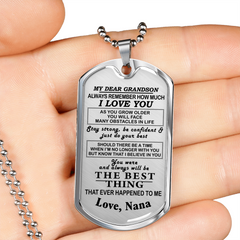 Grandmother to Grandson Military Dog tag - My Grandson Necklace Love Nana Custom - Birthday Gifts for 5th Boys, 30 inch Silver Beaded Chain Included with Purchase