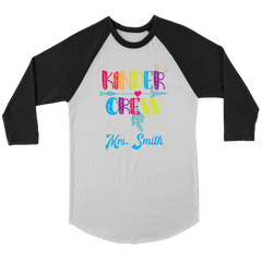 VnSupertramp Personalized Kinder Crew Kindergarten Women Men Teacher Raglan Shirt - Custom Name Back To School