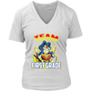 Image of VnSupertramp Team 1st First Grade Wonder Teacher Women V-Neck T-Shirt - Back To School 1st Day of School Funny Superheroes Gift Tee