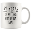 Image of [TL] Andaz Press Funny 21st Wedding Anniversary 11oz. Couples Coffee Mug Gag Gift, 21 Years of Wearing the Pants in the Family, Letting Him Think That, 2-Pack with Gift Box for Husband Wife Parents