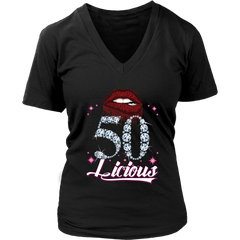 VnSupertramp Fifty Licious 50th Birthday Sexy Clips Women V-Neck Shirt Plus Size XL-4XL Mother's Day Mom Gift 1969 - D2