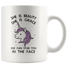 [Teelaunch] She is Beauty She is Grace, She Can Stab You in The Face - Funny Saying Unicorn Gift Coffee Mug (White, 11oz)