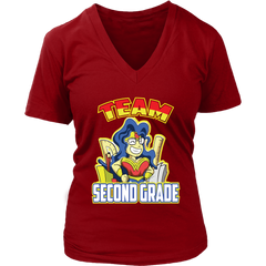 VnSupertramp Team 2nd Second Grade Wonder Teacher Women V-Neck T-Shirt - Back To School 1st Day of School Funny Superheroes Gift Tee