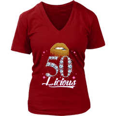 VnSupertramp Fifty Licious 50th Birthday Sexy Clips Women V-Neck Shirt Plus Size XL-4XL Mother's Day Mom Gift 1969 - D3