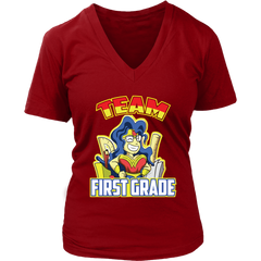 VnSupertramp Team 1st First Grade Wonder Teacher Women V-Neck T-Shirt - Back To School 1st Day of School Funny Superheroes Gift Tee