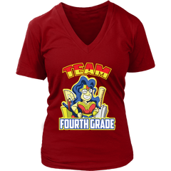 VnSupertramp Team 4th Fourth Grade Wonder Teacher Women V-Neck T-Shirt - Back To School 1st Day of School Funny Superheroes Gift Tee