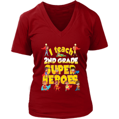 VnSupertramp I Teach Second Grade Superheroes Teacher Women V-Neck T-Shirt Plus Size XL-4XL Back To School First Day of School Gift