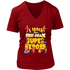 VnSupertramp I Teach First Grade Superheroes Teacher Women V-Neck T-Shirt Plus Size XL-4XL Back To School First Day of School Gift