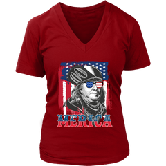 VnSupertramp 4th Of July Benjamin Franklin Graphic Funny Women V-Neck T-Shirt Plus Size XL-4XL Merica Patriotic Gift - D2