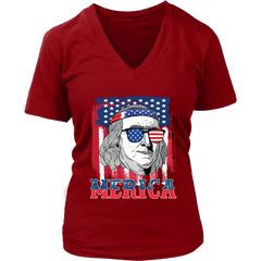 VnSupertramp 4th Of July Benjamin Franklin Graphic Funny Women V-Neck T-Shirt Plus Size XL-4XL Merica Patriotic Gift - D1