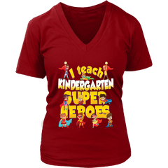 VnSupertramp I Teach Kinder Superheroes Kindergarten Teacher Women V-Neck T-Shirt Plus Size XL-4XL Back To School First Day of School Gift