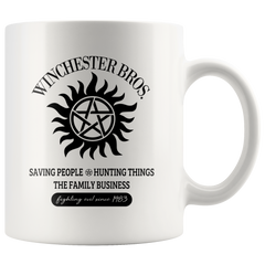 [TL] Saving People Hunting Things The Family Business Supernatural Coffee Mug Cup (White) 11oz Super Natural Supernatural Gift Merch Merchandise Accessories Shirt Pin Sticker